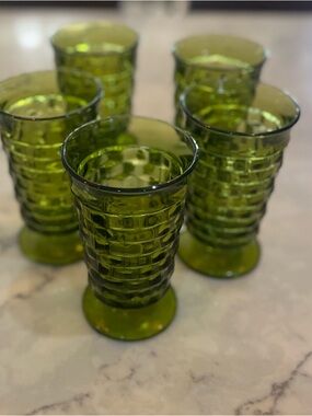 Lot Of 5 VTG Avocado Green Whitehall Indiana Glass Colony Cubist 6” glasses